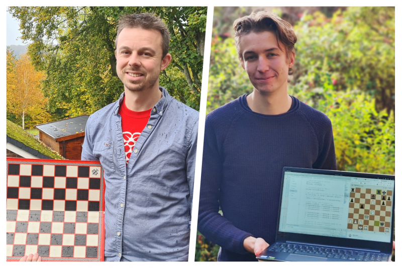 Ben Garside and Jonathan Alderson holding physical and virtual chess games