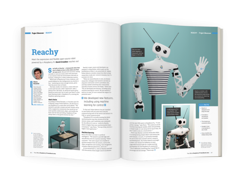 A double page spread about Reachy robot. Robot is white with big black eyes and a stripy torso