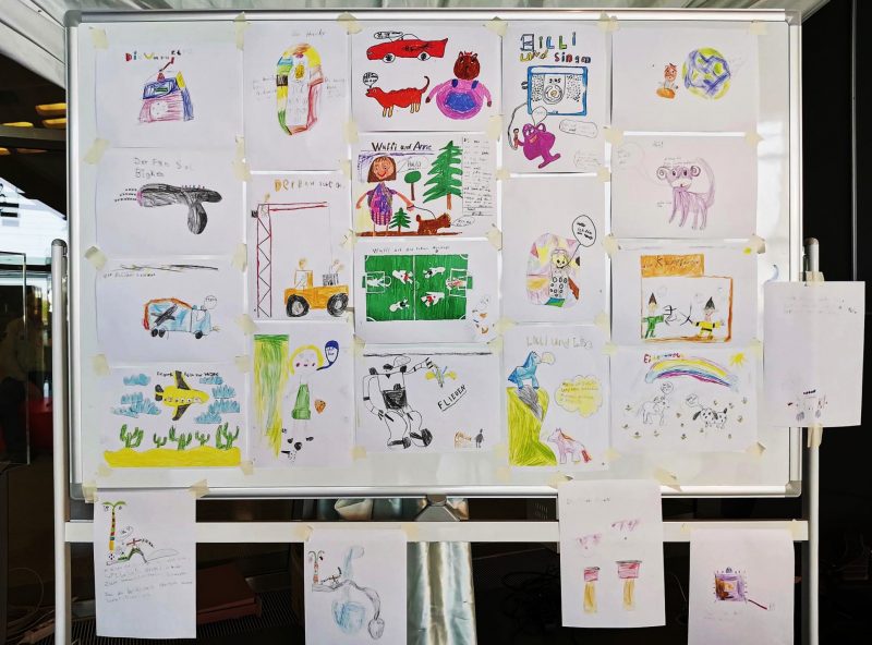Some drawings local children made suggesting storylines for each of the gifted toys