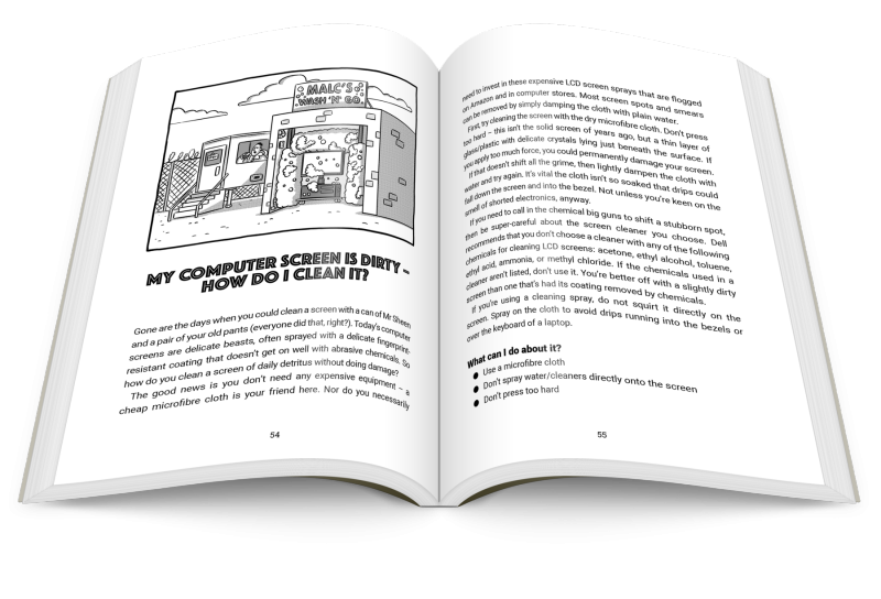 the book open on a page about cleaning computer screens