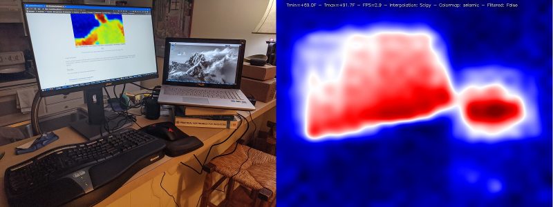 heat map image showing laptop and computer screen in red with surroundings in bluw