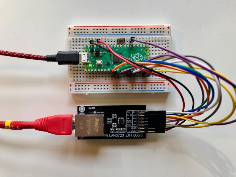 LAN8720 breakout wired to a Raspberry Pi Pico on a breadboard.