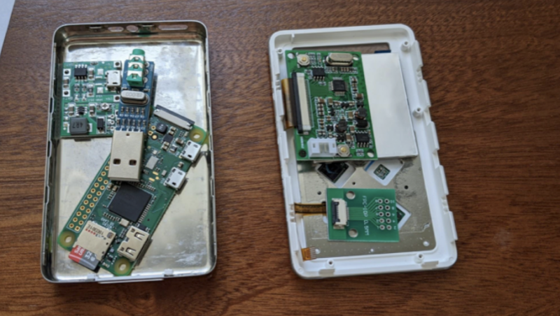 Replacement Raspberry Pi parts laying inside an empty iPod case to check they will fit