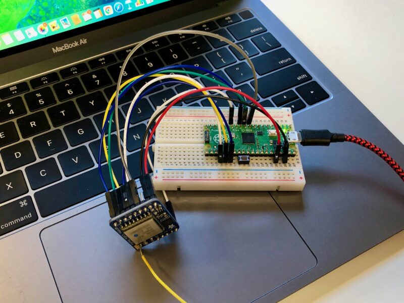 An Adafruit RFM95W LoRa Radio breakout connected to a Raspberry Pi Pico.