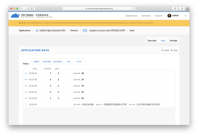 Data coming via LoRaWAN to the Things Network