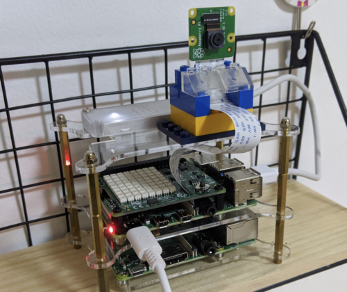 HIIT Pi running on Raspberry Pi and a Raspberry Pi camera module, propped up on a shelf