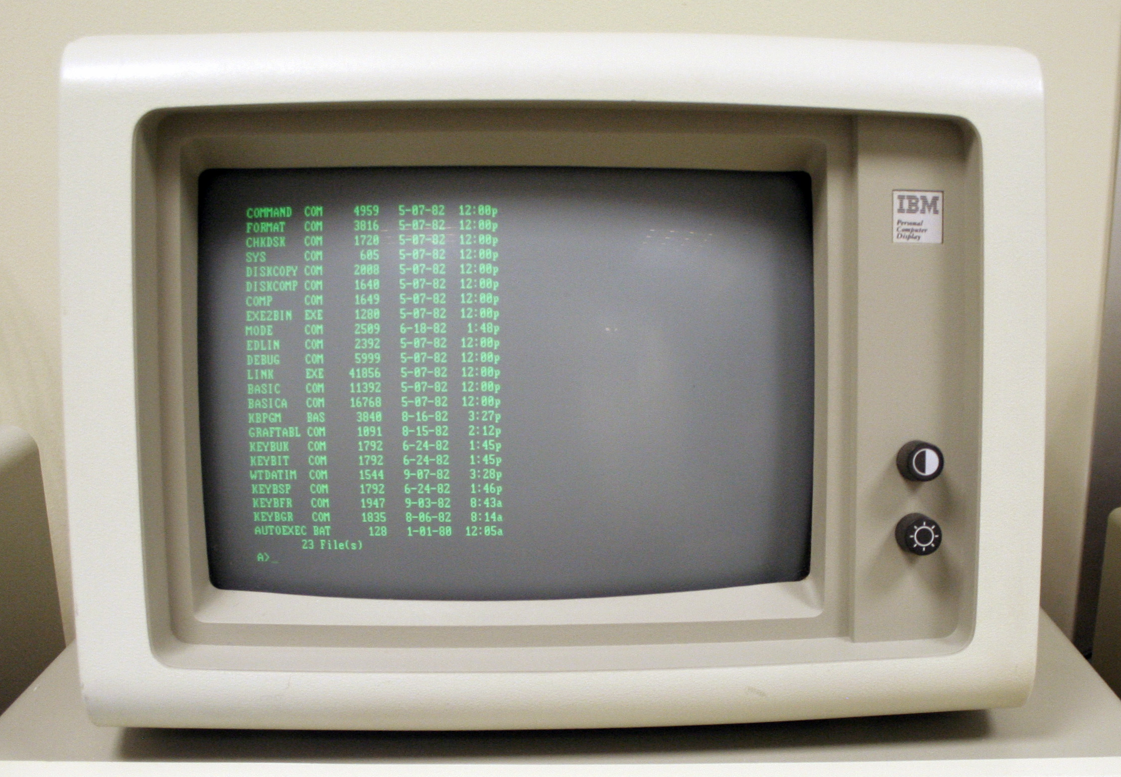 DOS running on an IBM PC 5150 with a monochrome green screen at Hursley