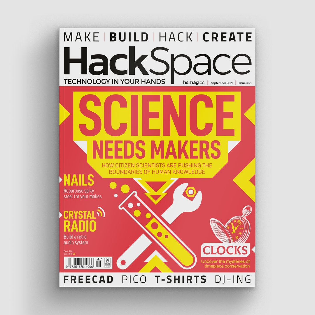 hackspace front cover red and yellow graphics featuring a spanner and test tube