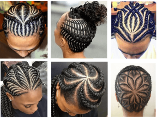Examples of hair braiding patterns informed by African cultural traditions.