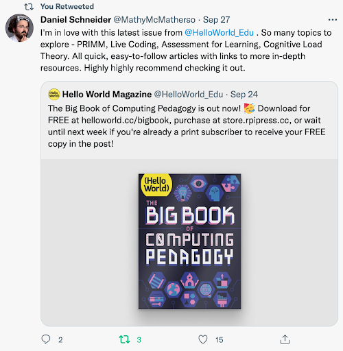 A tweet praising The Big Book of Computing Pedagogy.