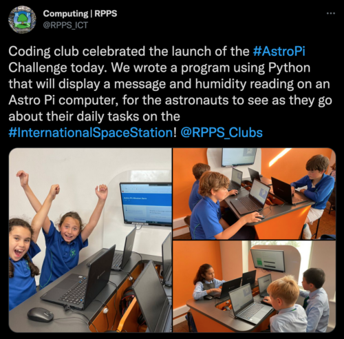 A tweet about school children who participated in Astro Pi Mission Zero.
