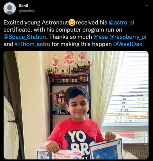 A tweet about a young person who participated in Astro Pi Mission Zero.