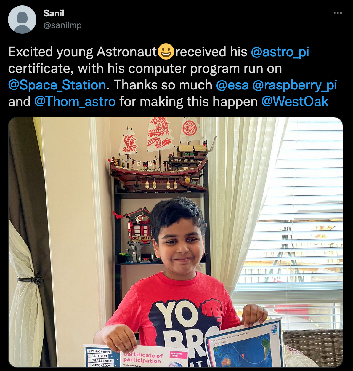 ציוץ על צעיר שהשתתף ב- Astro Pi Mission Zero.