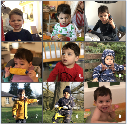 A grid of photos of the same toddler expressing different emotions.