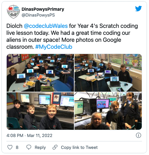 A tweet about a Code Club codealong in Wales.