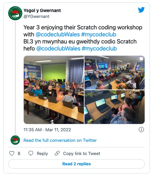 A tweet about a Code Club codealong in Wales.
