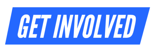 White text on blue background saying Get involved.