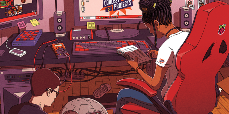 An illustration of two young tech creators working on digital projects in a room filled with devices, gadgets, and tools.