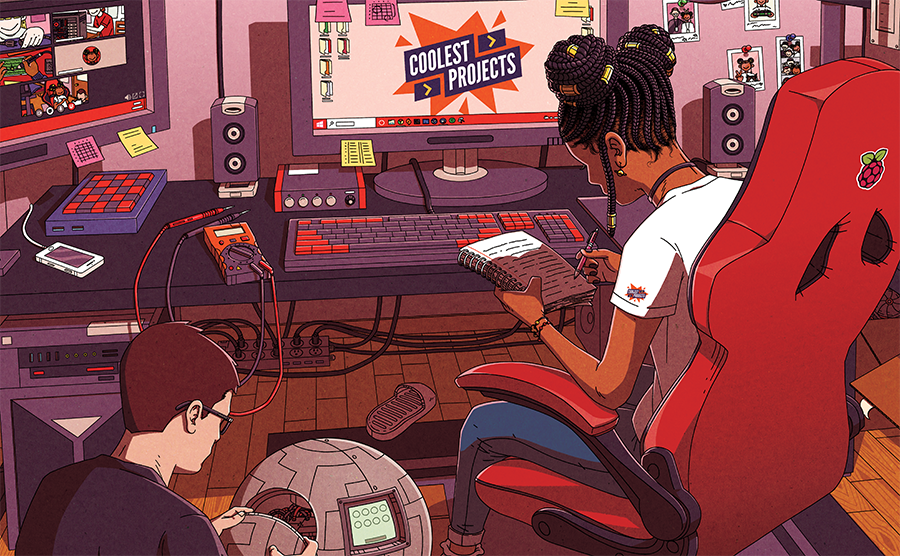 An illustration of two young tech creators working on digital projects in a room filled with devices, gadgets, and tools.