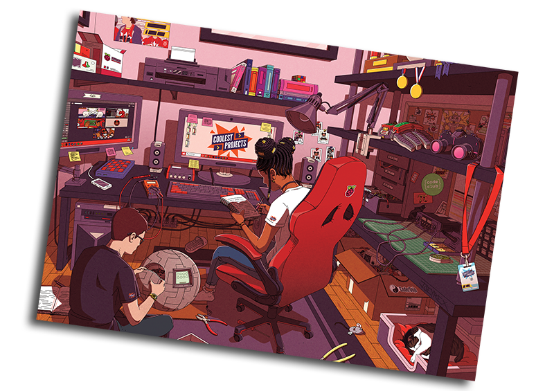 An illustration of two young tech creators working on digital projects in a room filled with devices, gadgets, and tools.