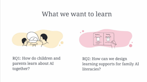 A slide from Stefania Druga's AI literacy seminar, describing two research questions about how children and parents learn about AI together, and about how to design learning supports for family AI literacies.