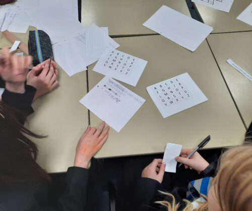 Girls do a cybersecurity activity at a school club.