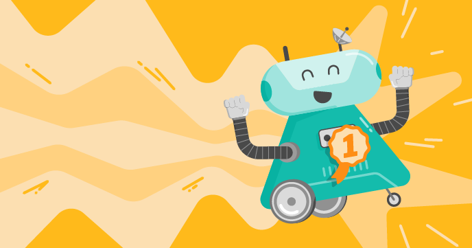 Illustration of a fast-moving, smiling robot wearing a champion's rosette.