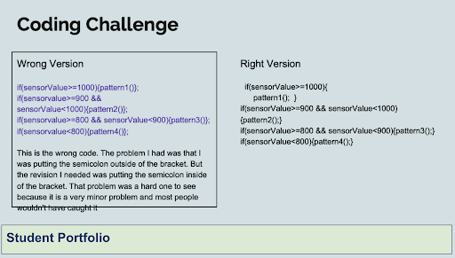 A student portfolio with the title 'Coding Challenge'. The wrong code is on the left-hand side and the right code is on the right. The student has included an explanation beneath the wrong code: This is the wrong code. The problem I had was that I was putting the semicolon outside of the bracket. But the revision I needed was putting the semicolon inside of the bracket. That problem was a hard one to see because it is a very minor problem and most people wouldn't have caught it. 