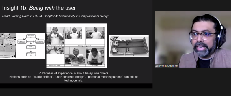 Research results from Pratim Sengupta showing images documenting a physical computing design activity and how learners explained their design.