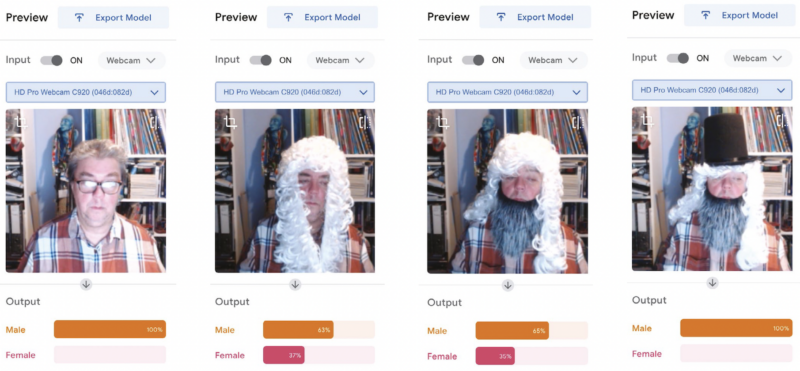 Screenshots from Teachable Machine showing two datasets of a model classifying photos of the same face as either male or female with different degrees of confidence, based on the face is wearing a wig, a fake beard, or a tophat.