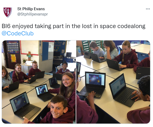 צעירים מבית הספר היסודי St Philip Evans משתתפים ב-Code Club'אבודים בחלל'.