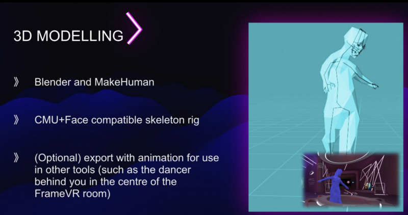 A presentation slide describing technologies necessary for turning motion capture data into 3D models.
