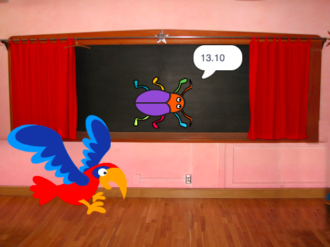 An insect is on a blackboard. Next to the insect is a speech bubble that contains "13.10". A parrot is below the blackboard.  