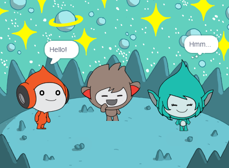 Three alien characters stood still on a planet. One alien has a speech bubble that says, "Hello!". Another has a thinking bubble that reads, "Hmm...". 