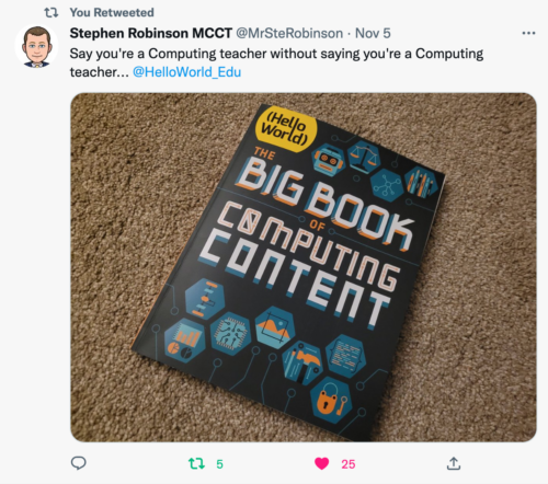 A tweet about Hello World's special edition The Big Book of Computing Content.
