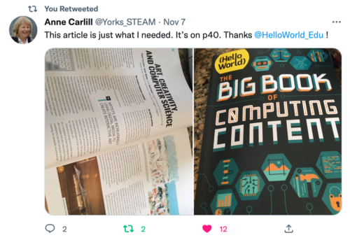 A tweet about Hello World's special edition The Big Book of Computing Content.