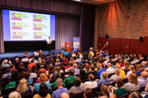 A talk in an auditorium.