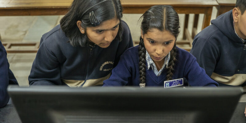 A learner and educator at a desktop computer.