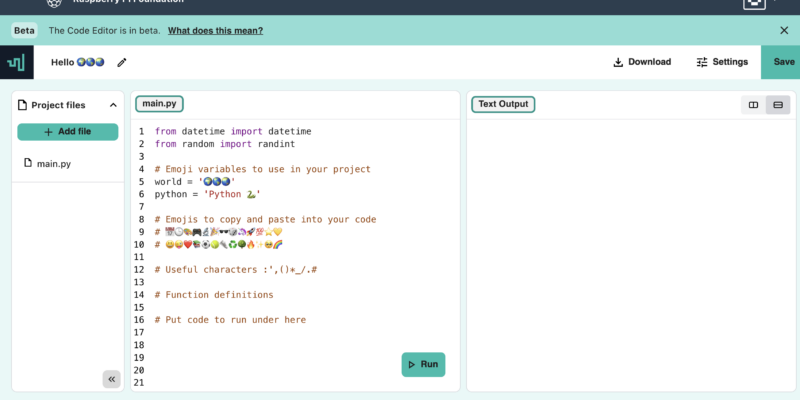 The interface of the beta version of the Raspberry Pi Foundation's Code Editor.