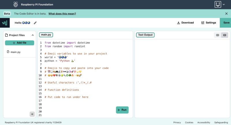 The interface of the beta version of the Raspberry Pi Foundation's Code Editor.