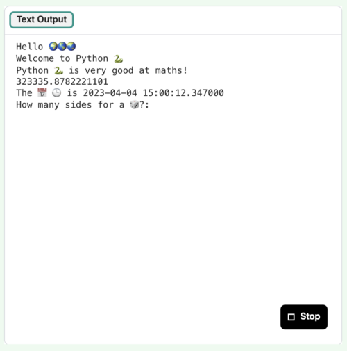 A text output in the beta version of the Raspberry Pi Foundation's Code Editor.