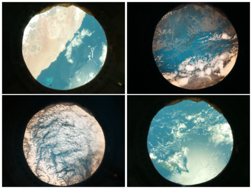 Four photographs of the Earth and cloud formations, taken from the International Space Station by an Astro Pi.