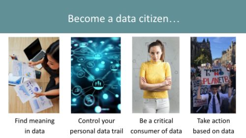 Becoming a data citizen involves finding meaning in data, controlling your personal data trail, being a critical consumer of data, and taking action based on data.