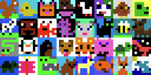 A collection of 8 by 8 pixel images of animals.