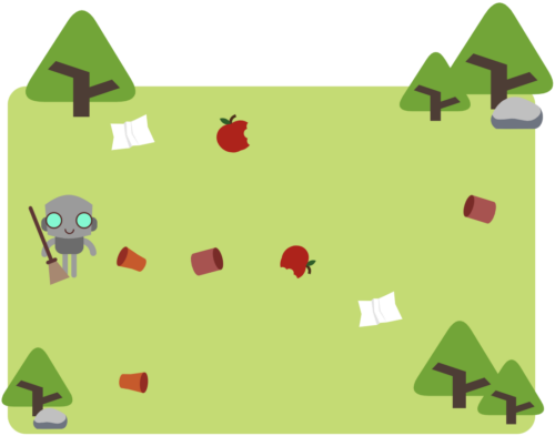A simple drawing showing a robot and litter.