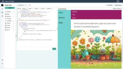 A screenshot of the code editor interface showing a garden with colorful flowers, an umbrella and a watering can.
