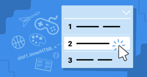 An animated checklist with numbered boxes. A cursor hovers over the middle box. Various icons surround the checklist, including a video game controller, a guitar, a basketball, and a book.