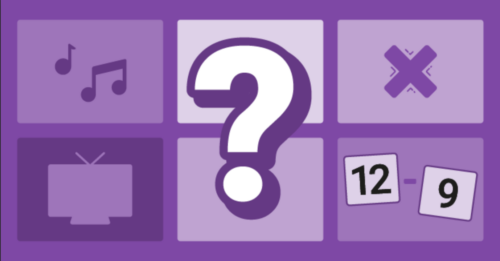 A white question mark in the center of a purple background. Animated icons of various shapes surround the question mark, including a television, musical notes, an X, and two cards with numbers "12" and “9”.