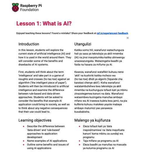 An Experience AI lesson plan in English and Swahili.