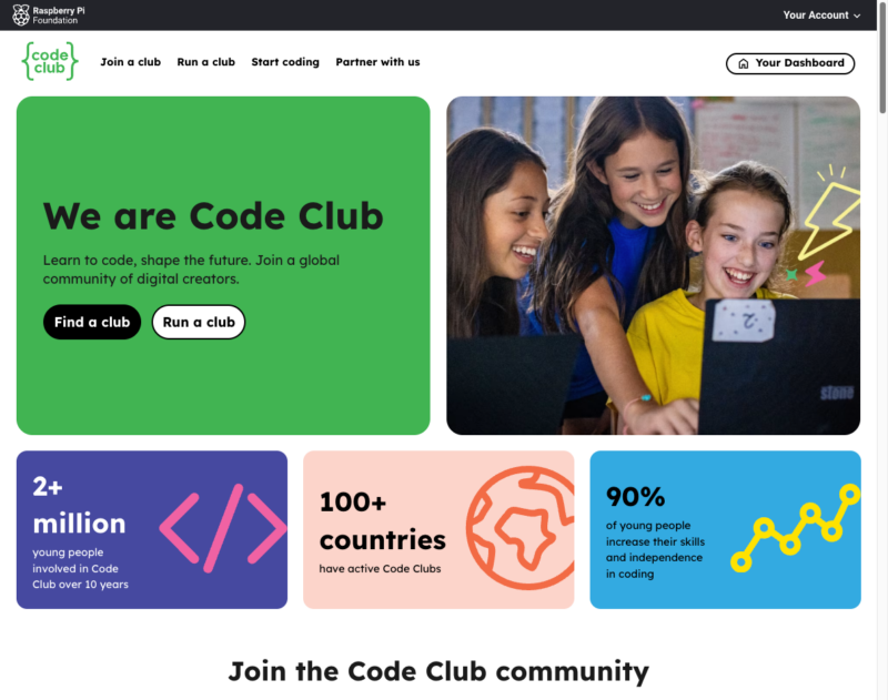 The Code Club website homepage.